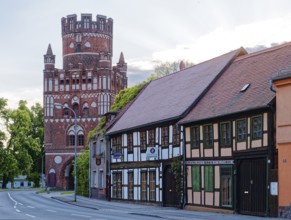 Half-timbered houses in front of the historic Uenglinger Tor tor in the old town centre of Stendal