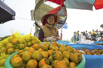 Vietnamese woman peeling khaki fruit at Heavens Gate, Ha Giang province, Vietnam, Asia