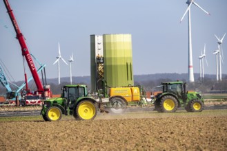 Construction of a wind turbine, Enercon steel pillar, near Kerken, Kleve district, on the Lower