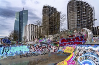 Building of the European Central Bank, ECB, skate park in the rain, at the Osthafen, at the Main in