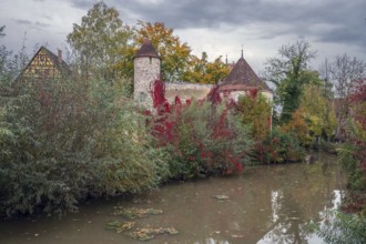 Towers of the medieval defence wall around 1200, in front the Wörnitz, Dinkelsbühl, Bavaria,