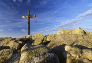 Summit cross on the Lusen (1373m), morning light, Bavarian Forest National Park, Bavaria, Germany,