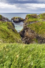 Narrow suspension bridge for walkers on rocky coast, Rope Bridge Carrick-a-Rede, footpath,