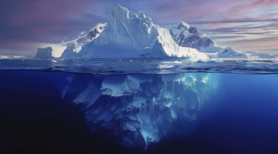 A large iceberg is floating in the ocean, with a small portion of it visible in the water, AI