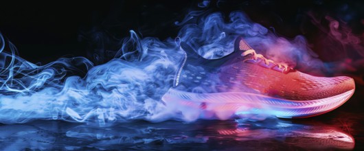 Colorful running shoes in splashes water. Shoes are bright. Water adds sense of energy to scene, AI