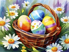 Abstract illustration of of vibrant-colored Easter eggs in a wicker basket, surrounded by delicate