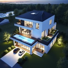 Three dimensional rendering of an illuminated modern ecological real estate residential house, AI