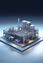 Three dimensional rendering of a model of a modern factory, AI generated