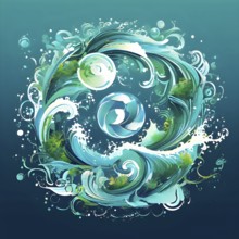 Illustration of swirling ocean waves and recycling symbols to represent clean oceans and