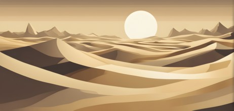 Abstract desert scene with triangular sand dunes and a single circular sun, using sharp lines and