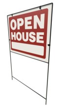 Left facing open house real estate yard sign isolated on a white background