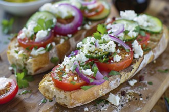 Slice of bread with cucumber, red onions, tomatoes and feta cheese on wooden cutting board.