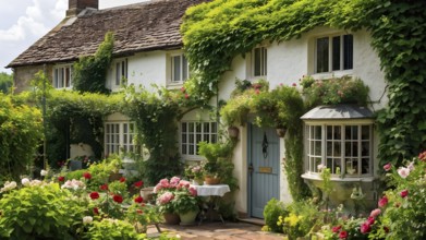 Plain Little tiny house in a floral garden with blooming flowers, AI generated