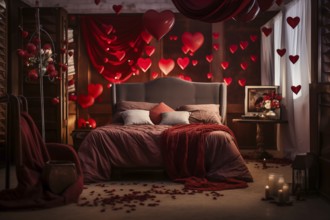 A cozy bedroom adorned with red and white heart-shaped balloons, rose petals, and candles creating