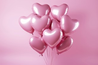 Bunch of glossy pink heart-shaped balloons against a soft pink background, perfect for Valentine's