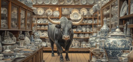 Very large bull with horns in a China shop filled with glassware. generative AI, AI generated