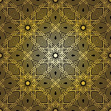 Geometric gold lace seamless pattern. Arabic tile lattice vector background.