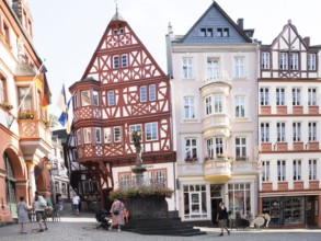 The historic Bernkastel market square with St Michael's Fountain, Bernkastel-Kues, Moselle,