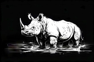 Black and white line art rhino, AI generated