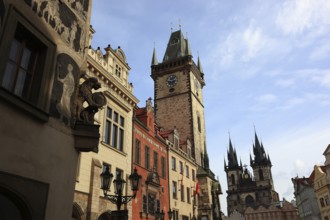 The historic Old Town Hall with the Gothic tower and the towers of the Teyn Church on the Old Town