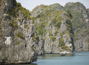 Tiny fishing boat and the huge karst rocks in Lan Ha Bay, Halong Bay, Vietnam, Asia