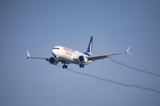 AnadoluJet, Boeing 737-8 MAX, approaching Frankfurt FRA airport, Fraport, in winter, Hesse,