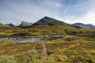 Autumn in Reinheimen National Park, mountains with river in Valldalen valley, Stigbotthornet