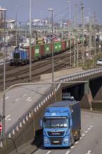 Port of Hamburg, Waltershofer Hafen, goods train with containers brings and collects freight