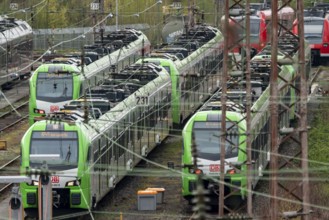 Regional trains, regional railways, suburban trains, on the tracks of a railway depot, waiting for