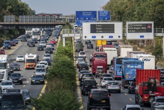 Traffic jam on the A3 motorway, over 8 lanes, in both directions, in front of the Leverkusen