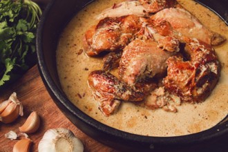 Shkmeruli, fried chicken, in milk-garlic sauce, Georgian cuisine, homemade, close-up, no people