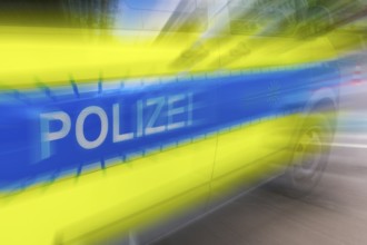 Police car, police lettering on an emergency vehicle, logo, blur, Baden-Württemberg, Germany,