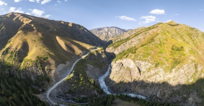 Mountain landscape with river in a narrow mountain valley in autumn, Little Naryn or Kichi-Naryn,