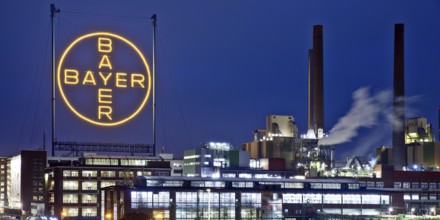 Bayer cross in the blue hour on the premises of Bayer AG, Leverkusen, Bergisches Land, North