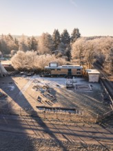 Caravan and tipi surrounded by frost-covered trees in the morning sun, Kita, Gechingen, Hecken und