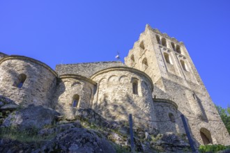 Saint Martin du Canigou Abbey with church tower, Casteil, Département Pyrénées-Oriental, France,