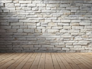 Three dimensional rendering of natural stone wall and wooden floor, AI generated