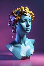 Three dimensional rendering of broken bust with illumination against colored background, AI