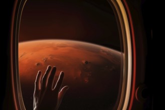 Mars landscape seen through spaceship window illuminator with astronaut hand touching the glass.