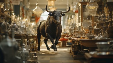 Very large bull with horns in a China shop filled with glassware. generative AI, AI generated