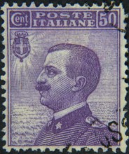 Victor Emmanuel III, 1869, 1947, King of Italy 1900, 1946. Portrait on Italian postage stamp 1908