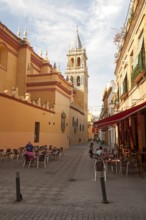 Cafe and alleyway by the Iglesia de Santa Ana, Triana, Seville, Spain, Europe