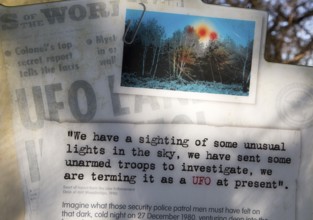 Newspaper headline reports on notice sign at Rendlesham UFO trail, Rendlesham forest, Suffolk,