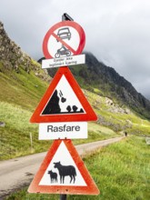 Mountain road from Haukland beach to Uttakleiv, warning signs, no public traffic, be aware of sheep