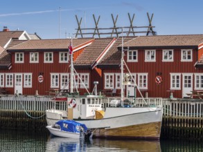 Typical red wooden houses at the harbor, Svolvær, Lofoten, Norway, Europe