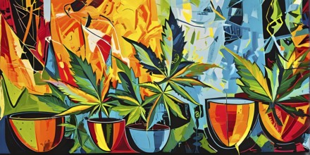 Abstract composition of a cannabis cafe with ambiance bold contrasting colors and playful shapes,