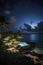 Real estate beach resort at the Caribbean coast at night, AI generated