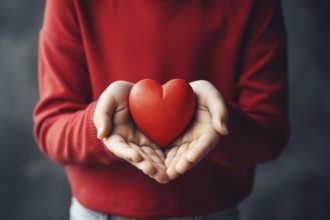 Child's hands holding red heart in hands. KI generiert, generiert AI generated