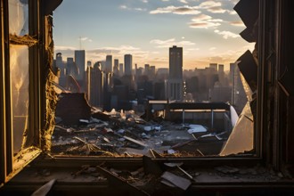 View from inside looking out through a broken window framing the contrast lost and modern, AI