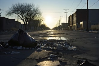 Plastic garbage bag abandoned of a desolate empty city street, AI generated